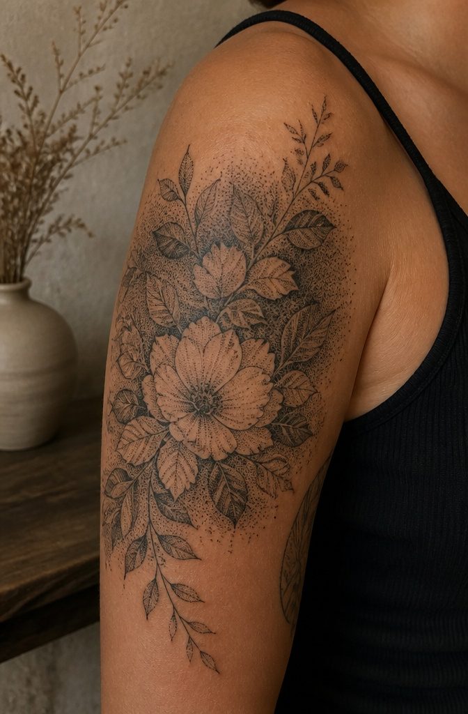 A dotwork tattoo on the shoulder with fine dots forming a floral pattern.