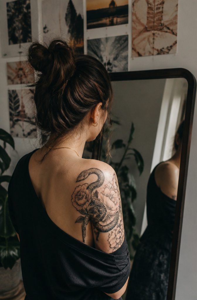 A woman examining her shoulder tattoo in a mirror.