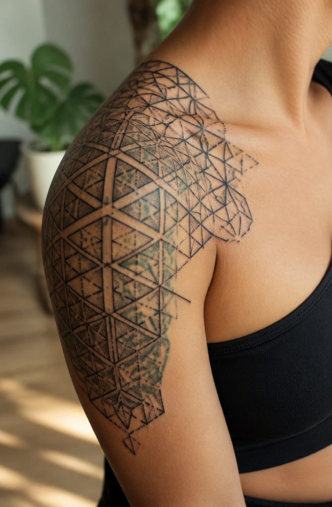 A geometric shoulder tattoo with interlocking triangles and hexagons.
