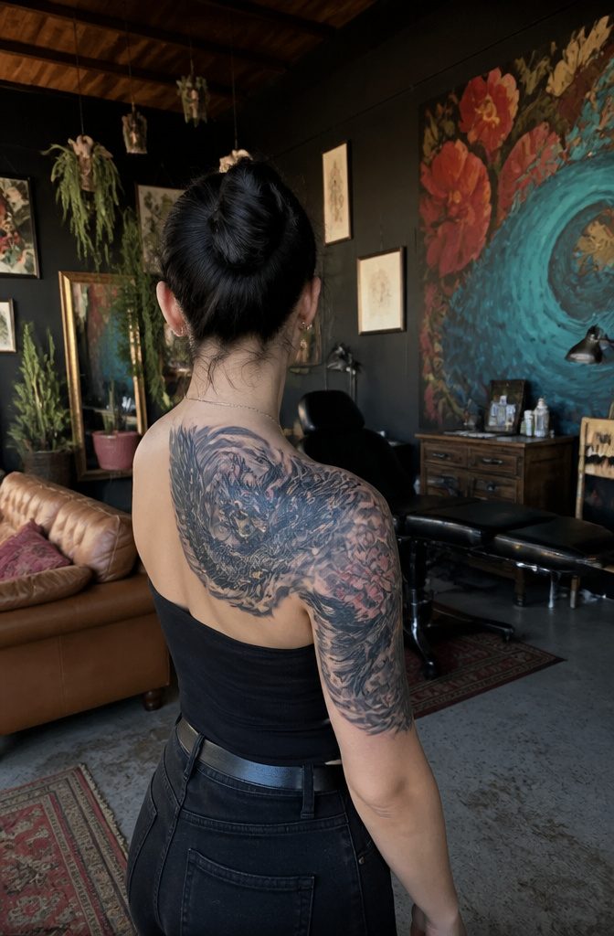 A large shoulder tattoo design that covers previous dark ink.