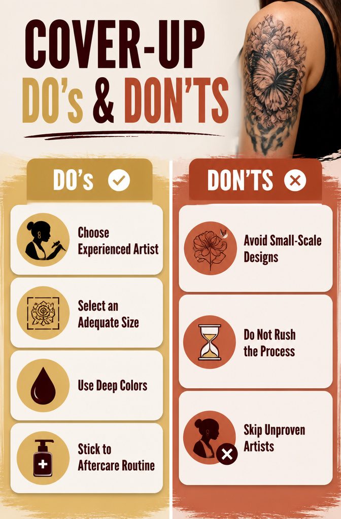 An infographic highlighting common cover-up tattoo mistakes.