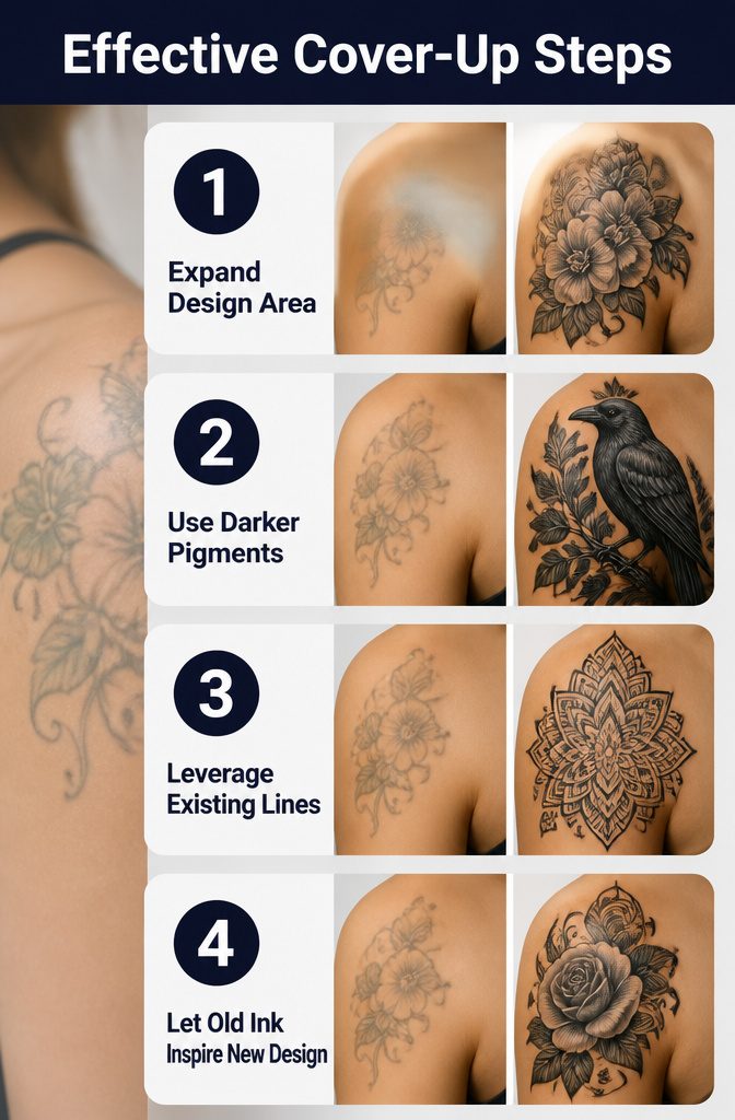 An infographic detailing strategies for effective tattoo cover-ups.