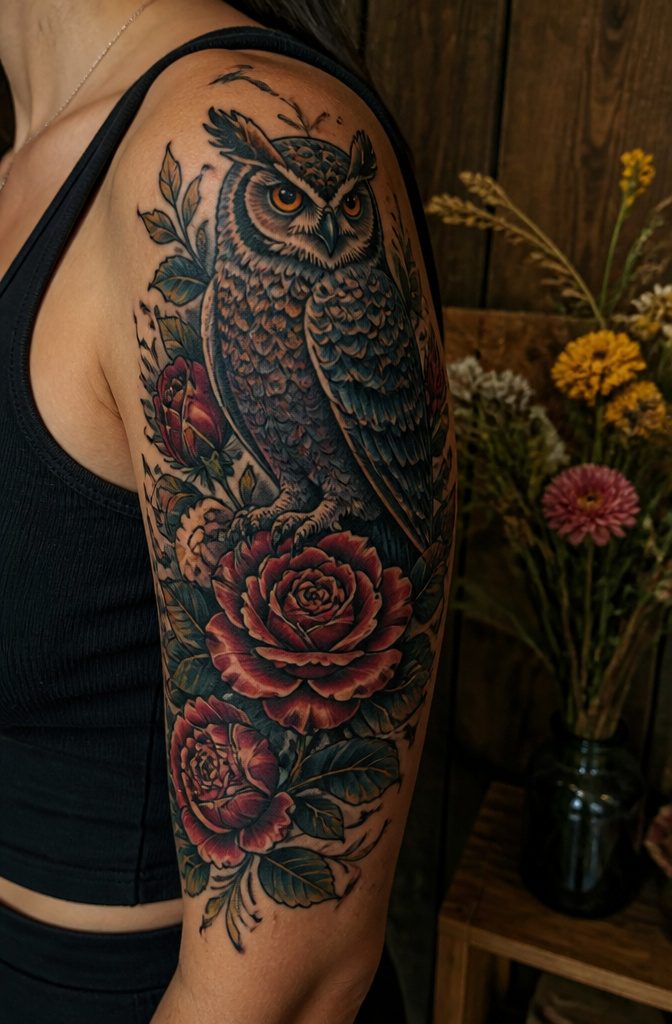 A bold traditional tattoo with black outlines and vibrant colors.