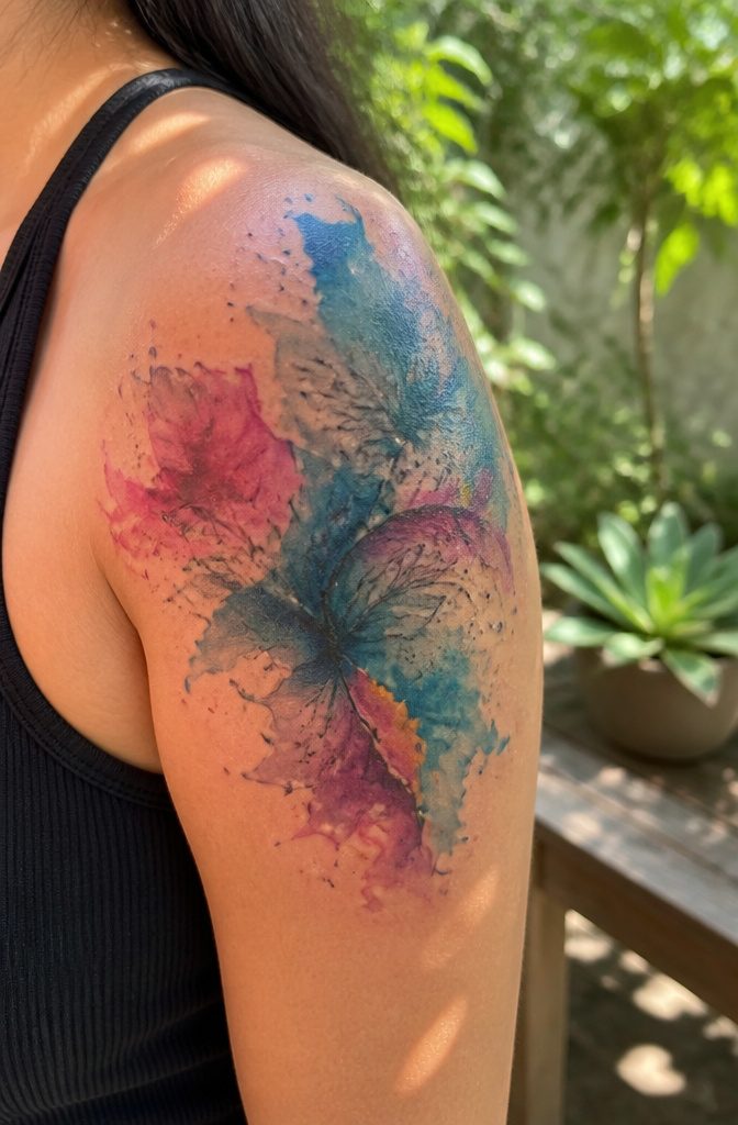 A shoulder tattoo with watercolor elements in blues and magentas.