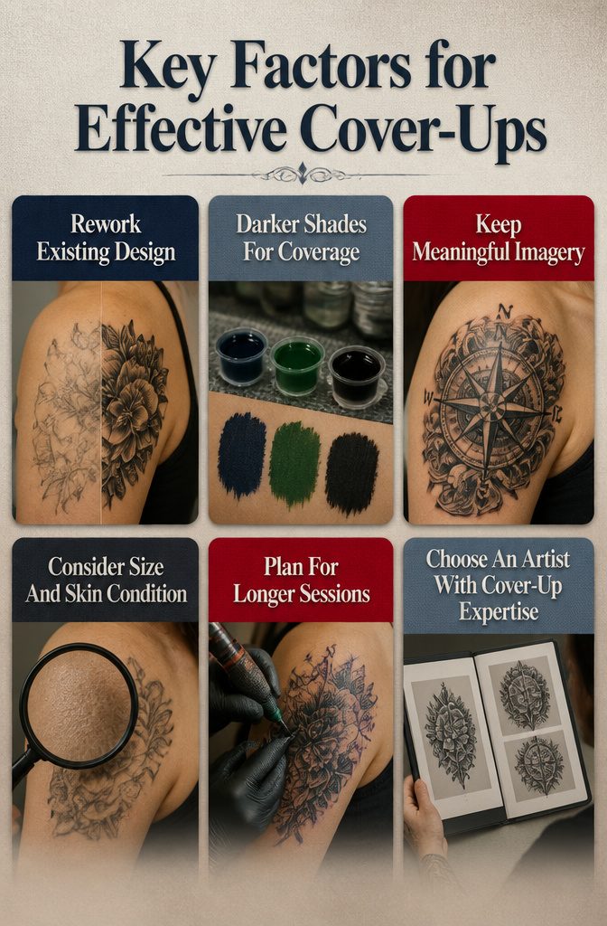 An infographic outlining factors for successful tattoo cover-ups.