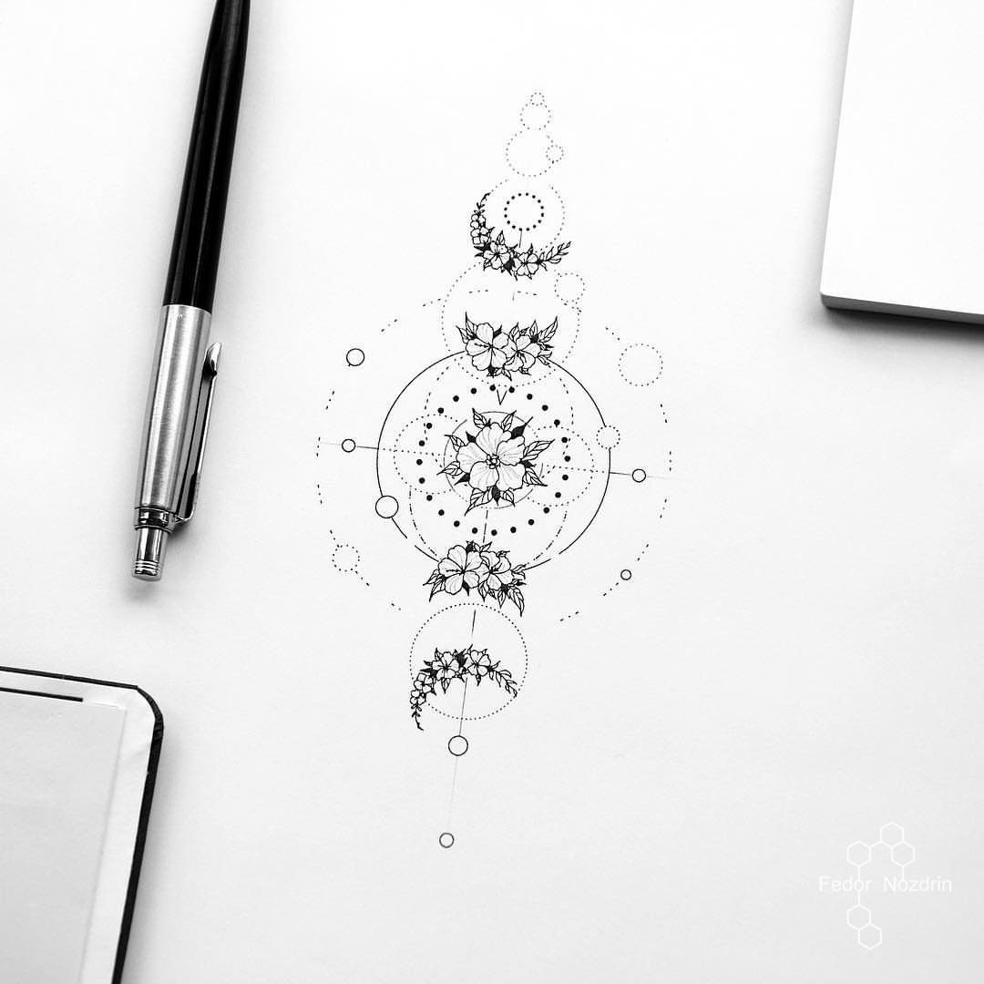7 Simple Moon Phase Tattoo Designs for Every Style 6 Black ink drawing of moon phases with floral and geometric patterns on white paper.
