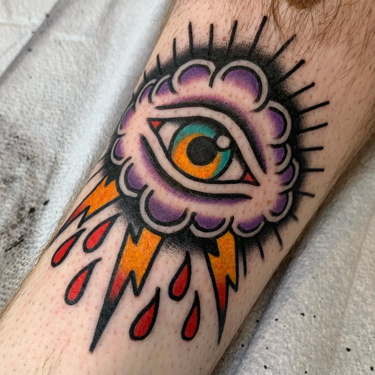 Storm Tattoo: 8 Nature-Inspired Designs for Your Next Ink 7 Traditional style tattoo of an eye inside a purple cloud with lightning and raindrops.