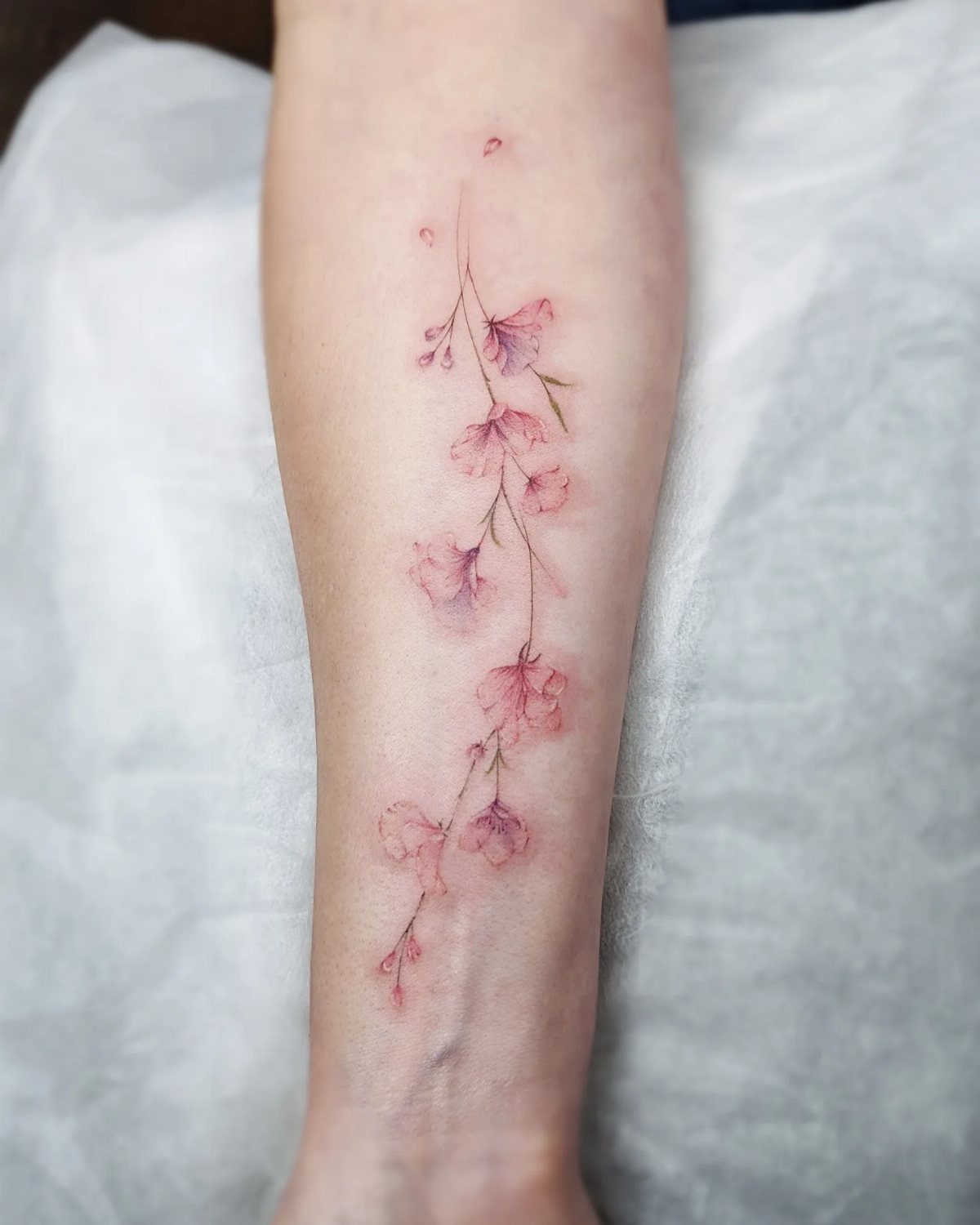 Sweet Pea Flower Tattoo: 7 Ideas for Placement and Style 2 Pink watercolor sweet pea flower tattoo running vertically down a person's leg.