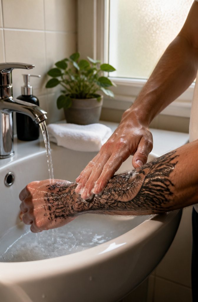 Tattoo Aftercare: A Complete Guide to Healing and Protecting Your Ink 2 Hands washing a fresh tattoo in a sink with soap and water.
