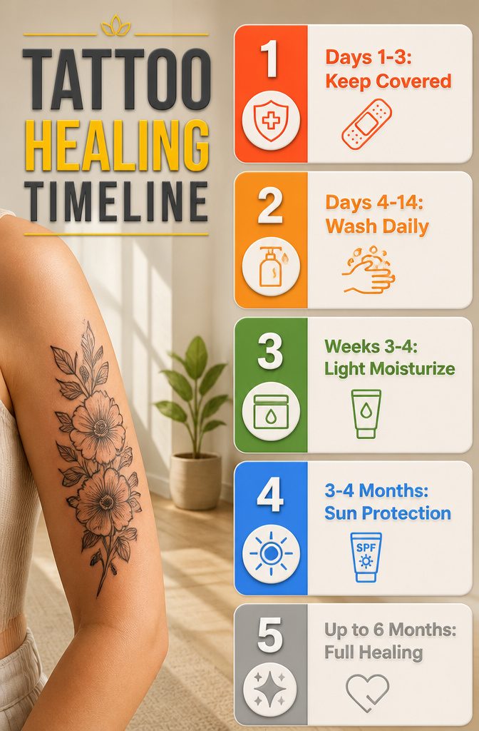 Tattoo Aftercare: A Complete Guide to Healing and Protecting Your Ink 6 A graphic displaying the tattoo healing timeline with key phases.