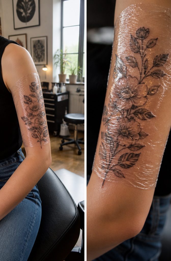 Tattoo Aftercare: A Complete Guide to Healing and Protecting Your Ink 1 A fresh tattoo covered with plastic wrap and bandages.