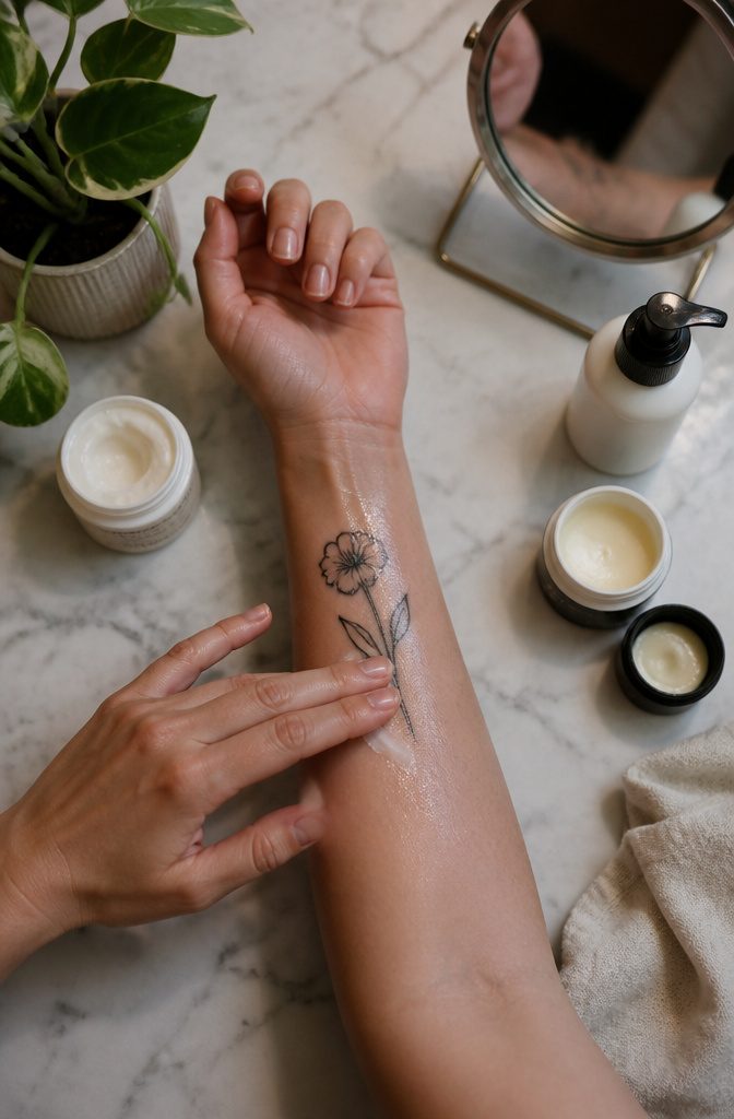 Tattoo Aftercare: A Complete Guide to Healing and Protecting Your Ink 3 A hand spreading moisturizer on a tattooed arm.