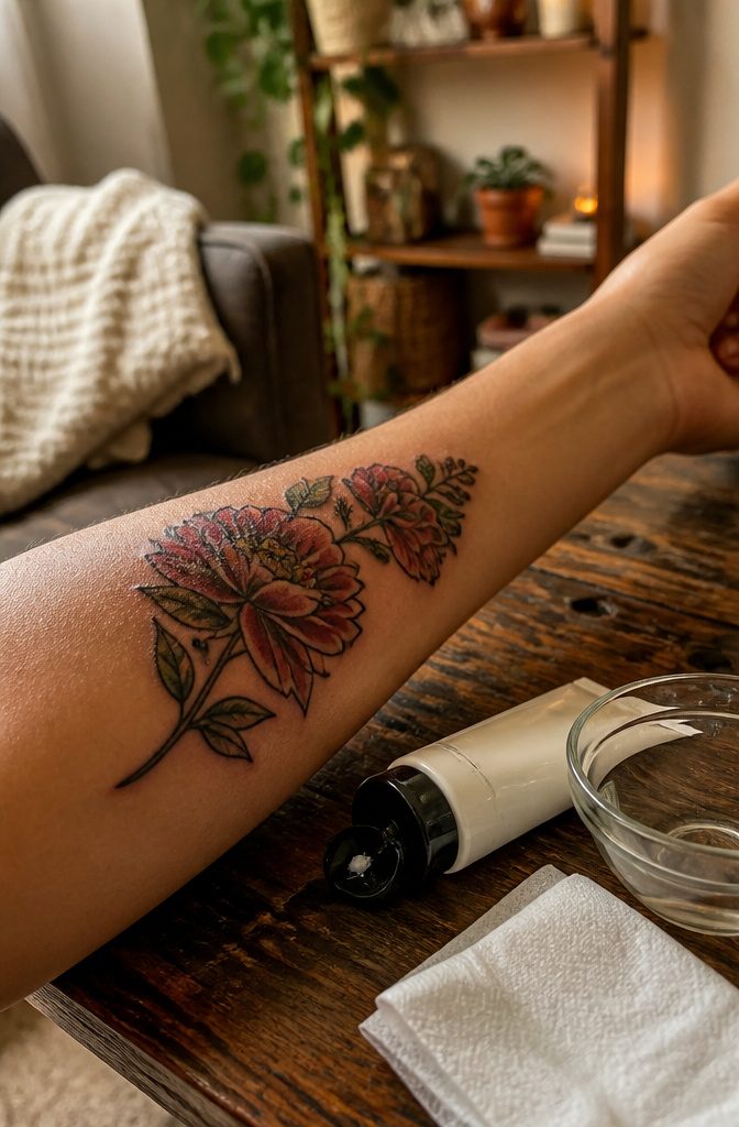 Tattoo Aftercare: A Complete Guide to Healing and Protecting Your Ink 4 A table with lotion, paper towel, and a bowl of water for tattoo care.