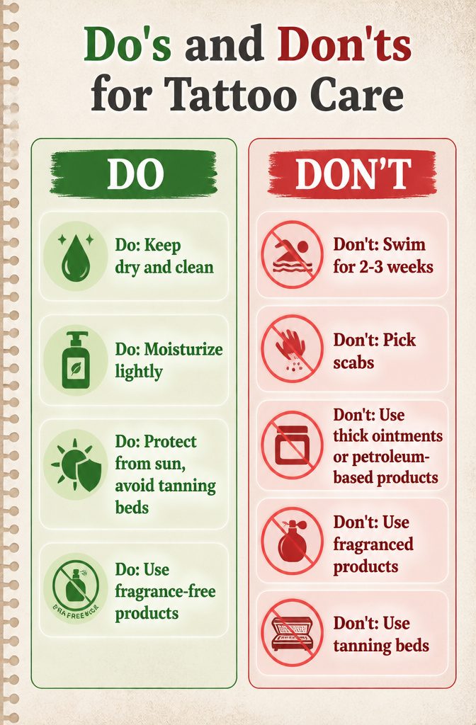 Tattoo Aftercare: A Complete Guide to Healing and Protecting Your Ink 9 A list of tattoo care do's and don'ts with illustrations.