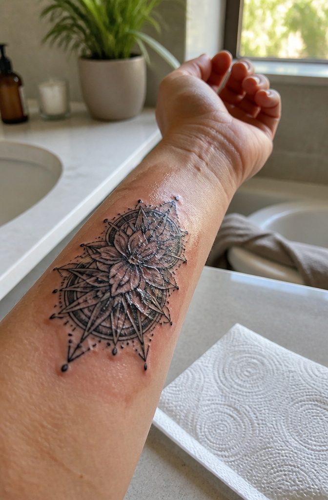 Tattoo Healing: A 5-Step Guide to the First Month 1 Close-up of a fresh tattoo with slight redness and plasma.