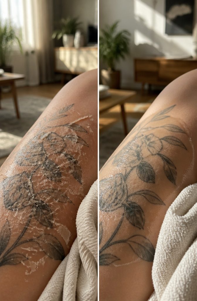 Tattoo Healing: A 5-Step Guide to the First Month 4 Macro shot of a tattoo with peeling skin and faded color.