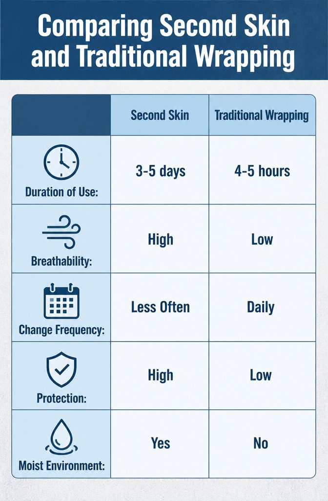 Tattoo Healing: A 5-Step Guide to the First Month 6 Image comparing second skin bandages and cling wrap for tattoos.