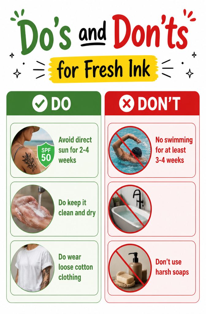 Tattoo Healing: A 5-Step Guide to the First Month 8 List of do's and don'ts for caring for fresh tattoos.