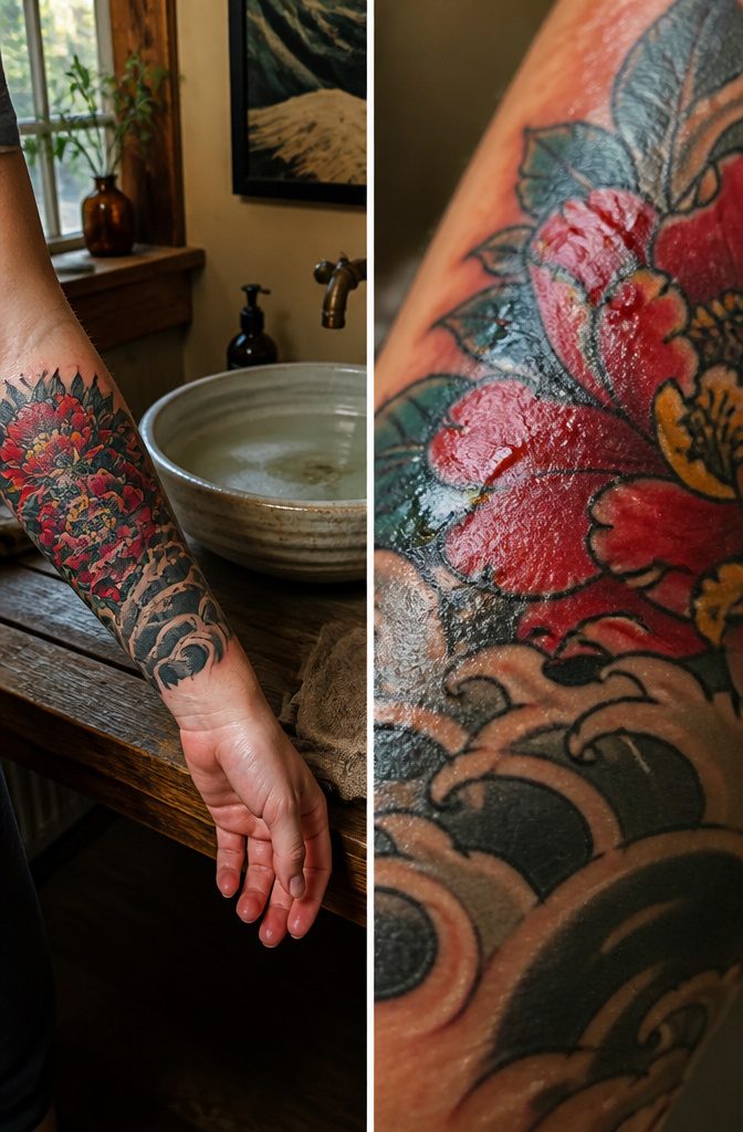 Tattoo Healing: A 5-Step Guide to the First Month 2 Macro shot of fresh tattoo with visible plasma and redness.