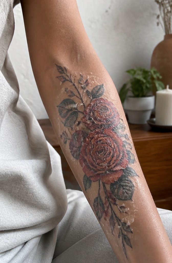 Why Is My Tattoo Peeling? 5 Stages of Normal Healing 4 Forearm tattoo in the peeling stage with small flakes lifting away.