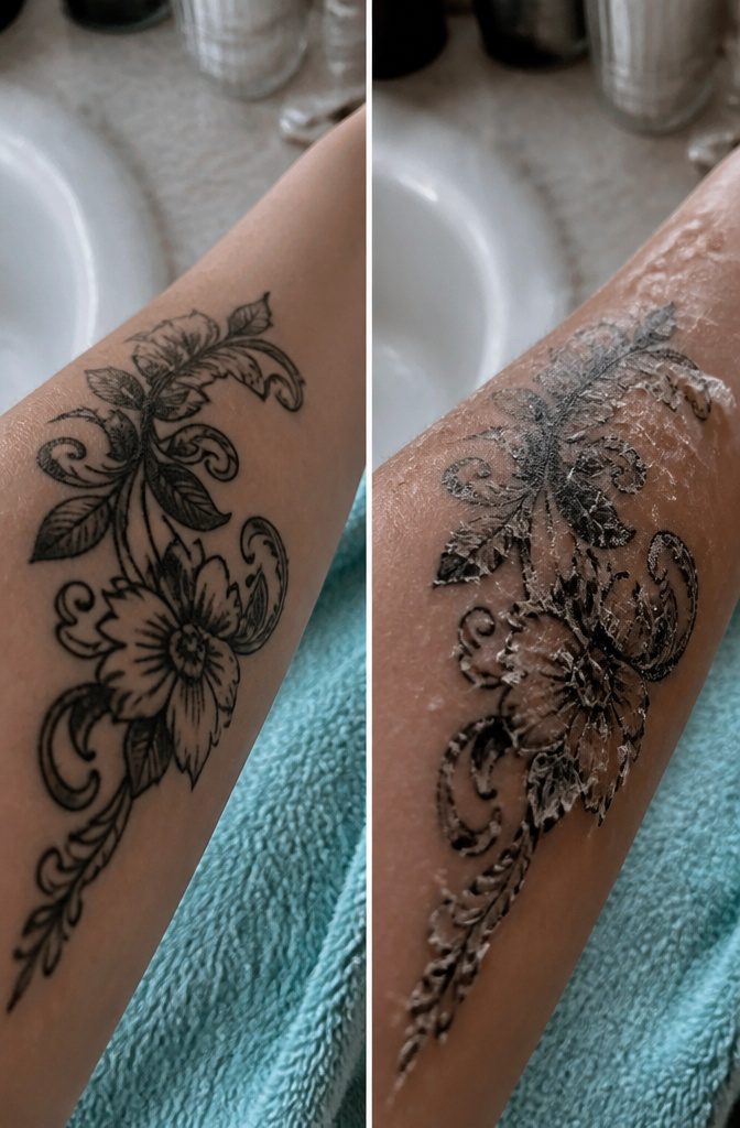 Why Is My Tattoo Peeling? 5 Stages of Normal Healing 5 Tattoo showing significant peeling with larger flakes visible.