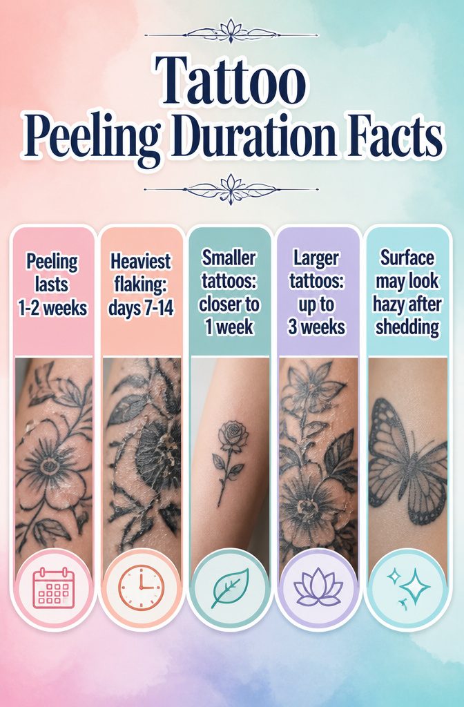 Why Is My Tattoo Peeling? 5 Stages of Normal Healing 11 Information image titled 'Tattoo Peeling Duration Facts'.