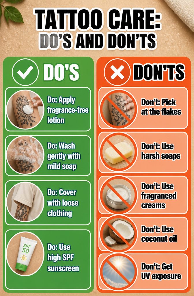 Why Is My Tattoo Peeling? 5 Stages of Normal Healing 9 Information image titled 'Tattoo Care: Do's and Don'ts'.