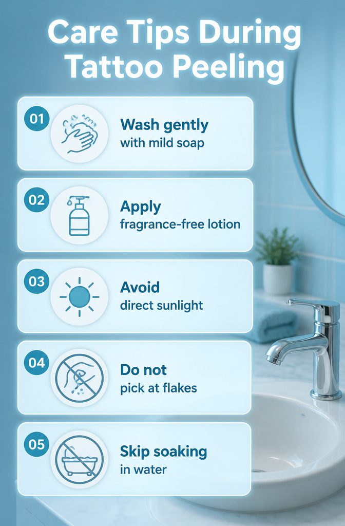 Why Is My Tattoo Peeling? 5 Stages of Normal Healing 8 Information image titled 'Care Tips During Tattoo Peeling'.