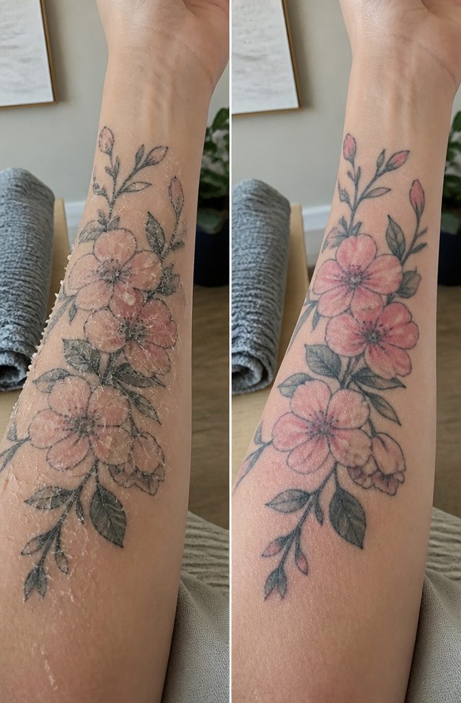 Why Is My Tattoo Peeling? 5 Stages of Normal Healing 2 Tattoo with small flakes lifting away, showing a cracked appearance.