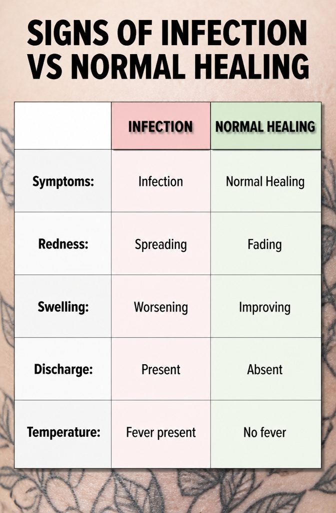 Why Is My Tattoo Peeling? 5 Stages of Normal Healing 10 Information image titled 'Signs of Infection vs Normal Healing'.