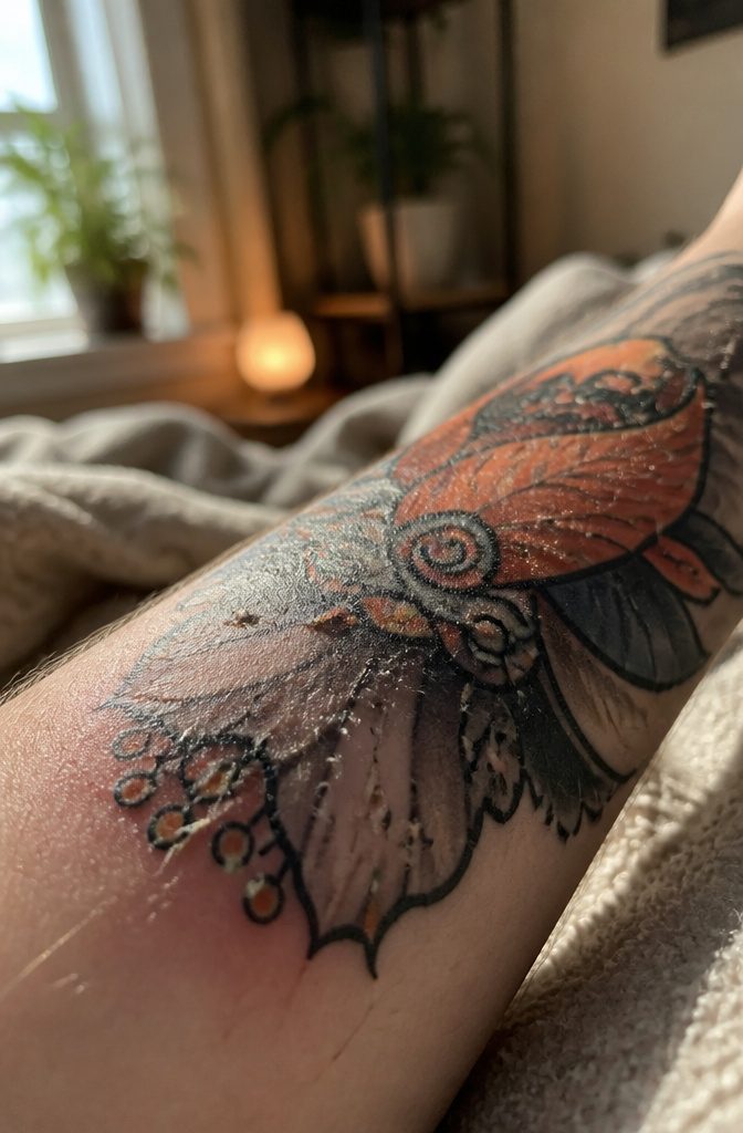 Why Is My Tattoo Peeling? 5 Stages of Normal Healing 1 Close-up of a fresh tattoo on the inner forearm with peeling skin.