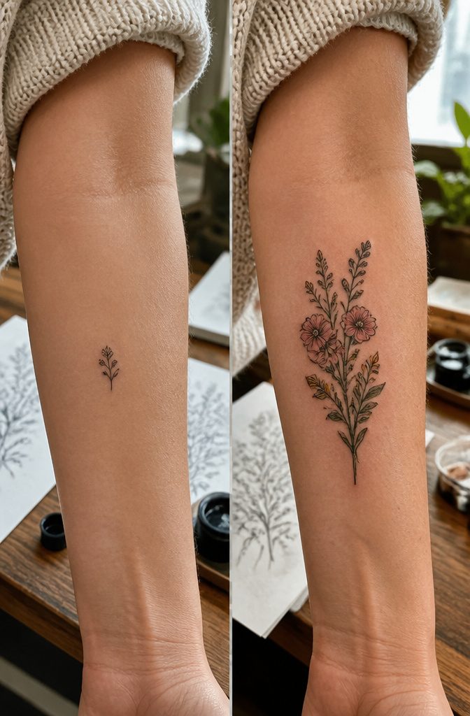 A detailed view of a tattoo with fine lines and shading.