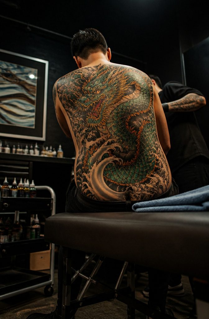 A full sleeve tattoo on a person's arm.