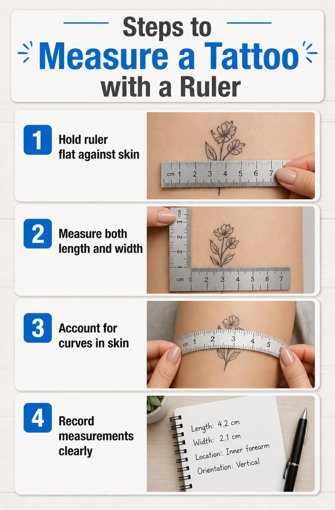 A ruler placed next to a tattoo for measurement.