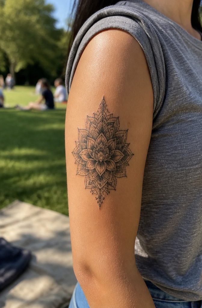 A medium mandala tattoo on the outer upper arm.
