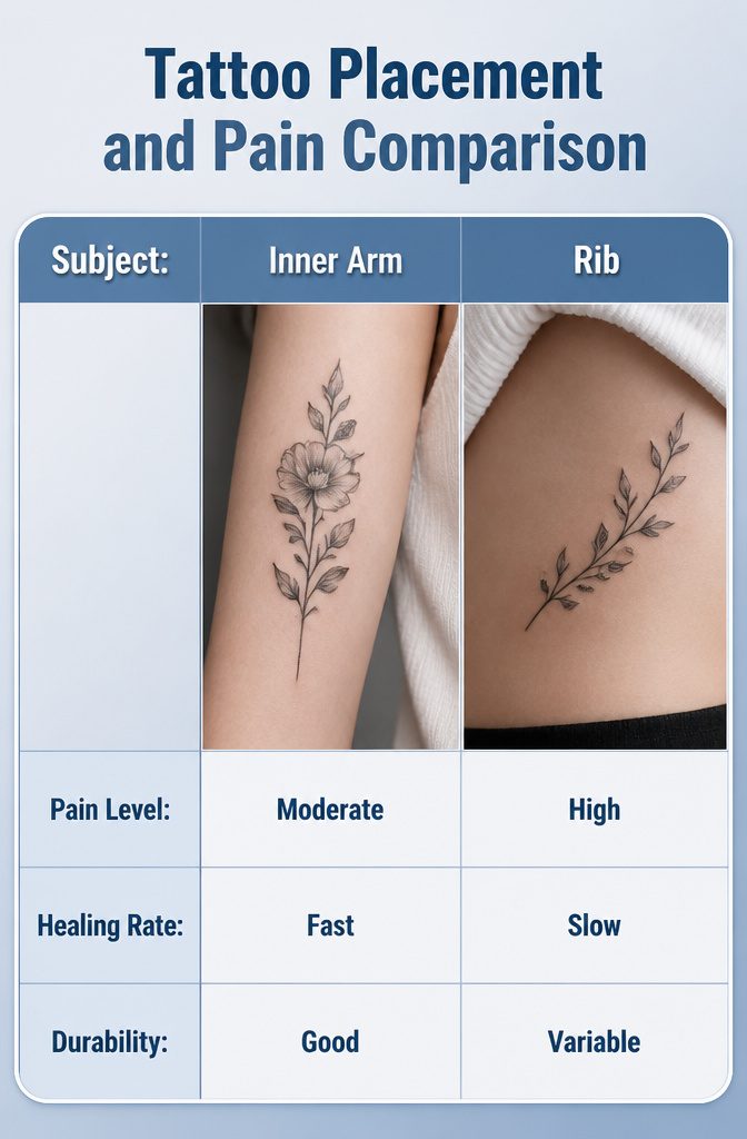 An infographic showing tattoo placement and associated pain.