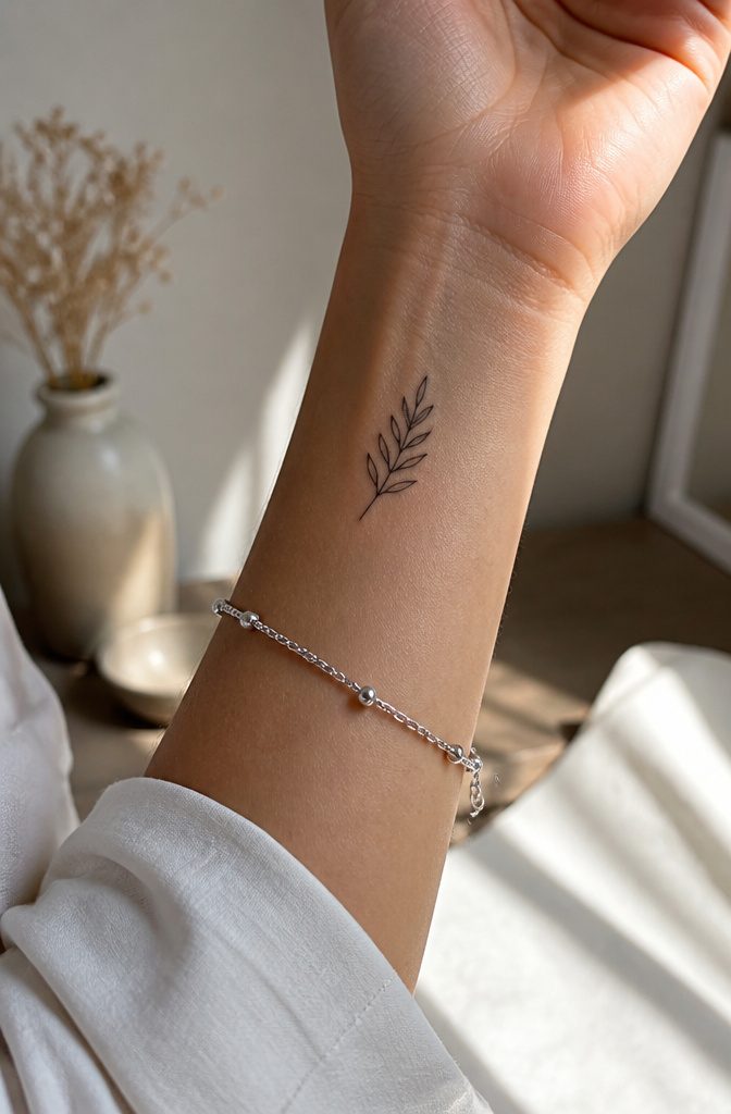 A small leaf tattoo on the inner wrist of a person.