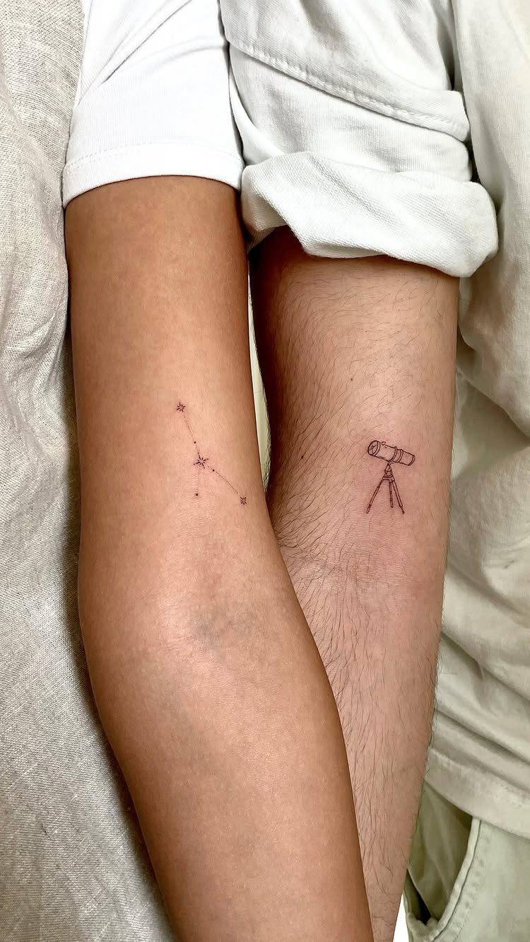 7 Telescope Tattoo Ideas for Every Space and Style 2 Two small minimalist tattoos on legs featuring a constellation and a telescope on a tripod.