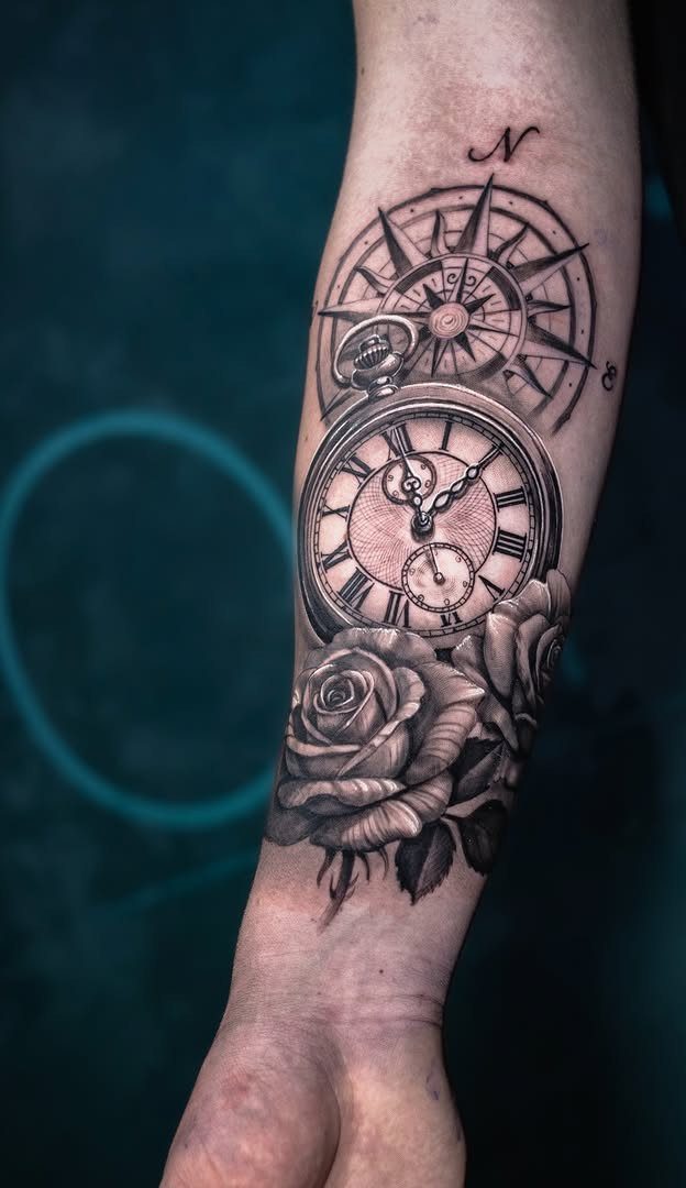 Time Waits for No Man Tattoo: 6 Designs That Mark the Moment 4 A detailed black and grey tattoo of a pocket watch, compass, and roses on a forearm.