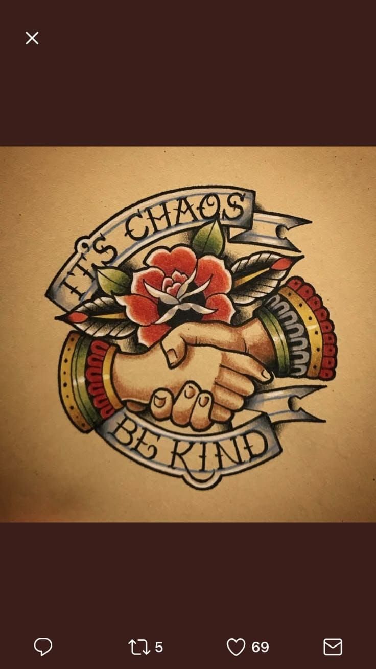 Traditional Handshake Tattoo: 9 Designs From Heart Frames to Skeleton Hands 4 Traditional tattoo design of hands shaking with a red rose and text banners.