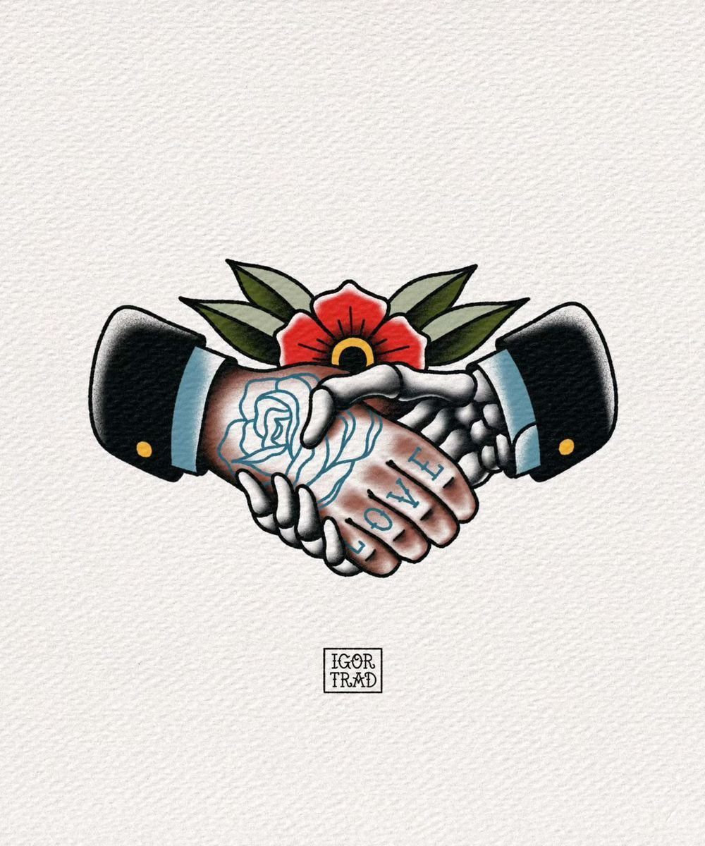 Traditional Handshake Tattoo: 9 Designs From Heart Frames to Skeleton Hands 8 Traditional tattoo design of a skeletal hand shaking a human hand with a red rose.