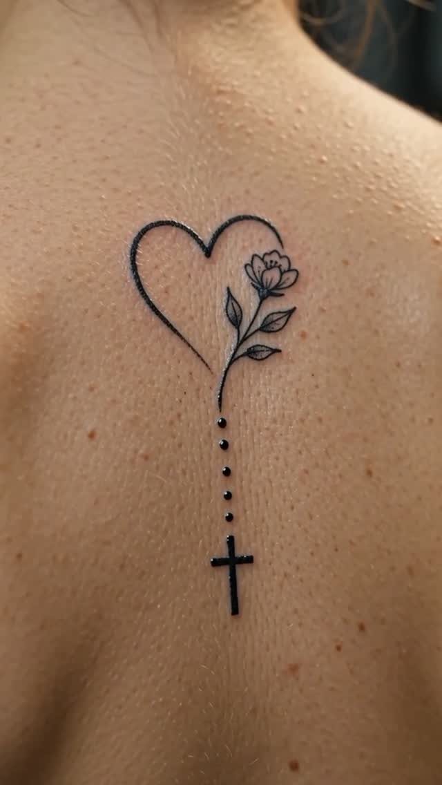 7 Unconditional Love Tattoo Ideas for Quiet, Lasting Ink 3 A black ink tattoo of a heart with a flower and a cross on skin.