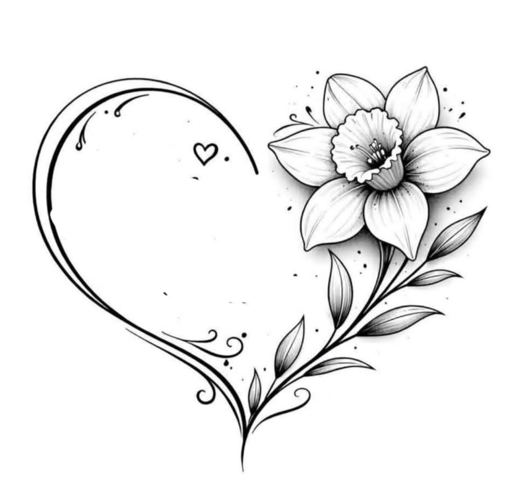 7 Unconditional Love Tattoo Ideas for Quiet, Lasting Ink 5 Black and white line art of a large heart shape with a daffodil flower and leaves.